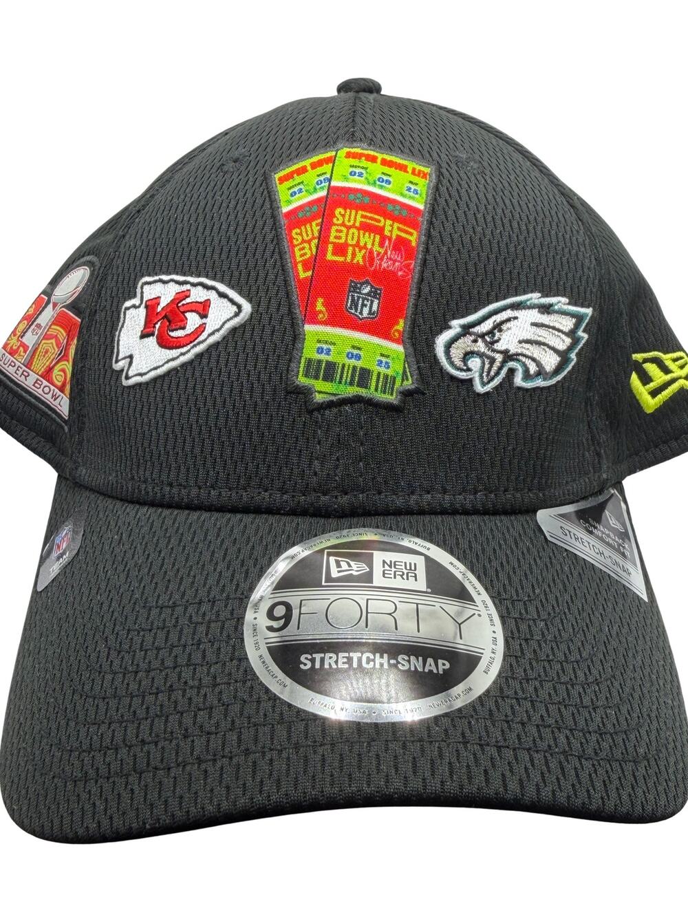 New Era Super Bowl LIX Chiefs Eagles 9FORTY Stretch-Snap Hat Black NWT